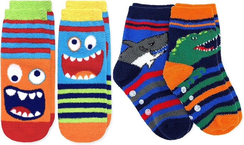 Jefferies Socks Boys Fuzzy Dinosaur Shark Monster Non Skid Slipper Socks 4 Pack - Image 1